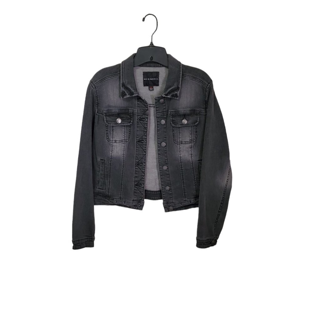 Rock & Republic American Flag Distressed Black Denim Jean Jacket Women’s Sz M